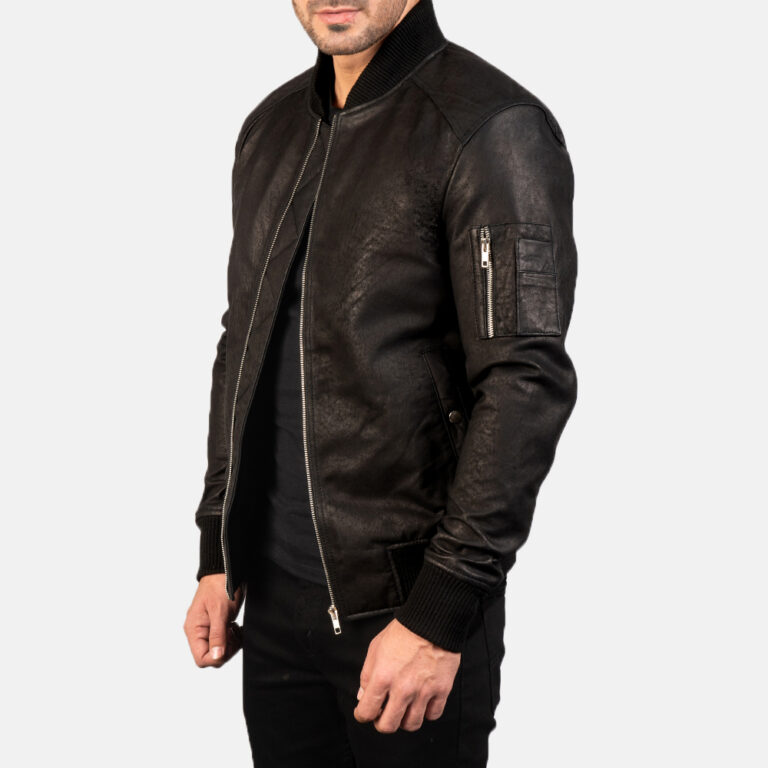 Mens Bomia Ma-1 Distressed Black Leather Bomber Jacket7728-3-1578998533247